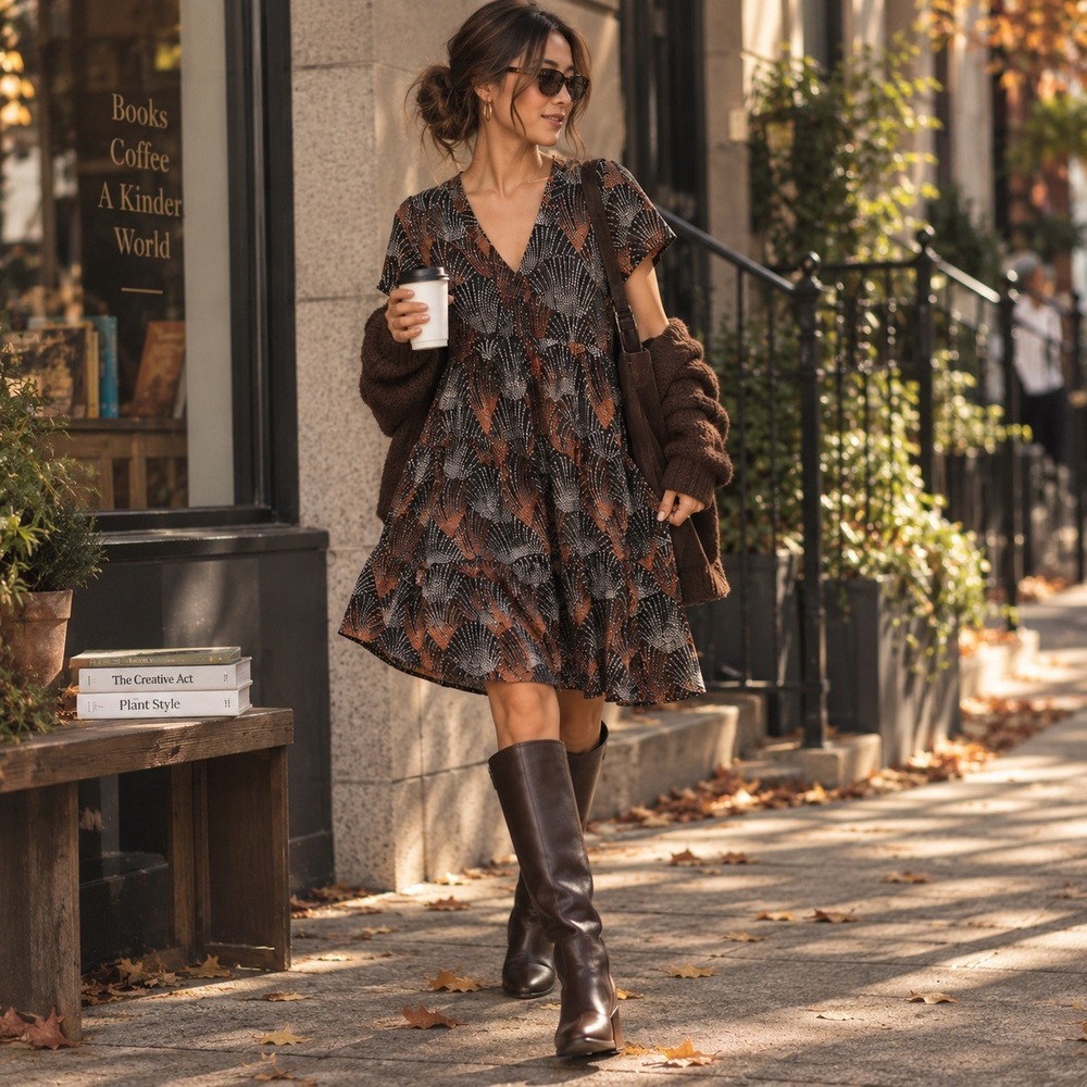 Maeve Tania Tiered Tunic Dress XS Black Red Abstract Fan Print Viscose Fall